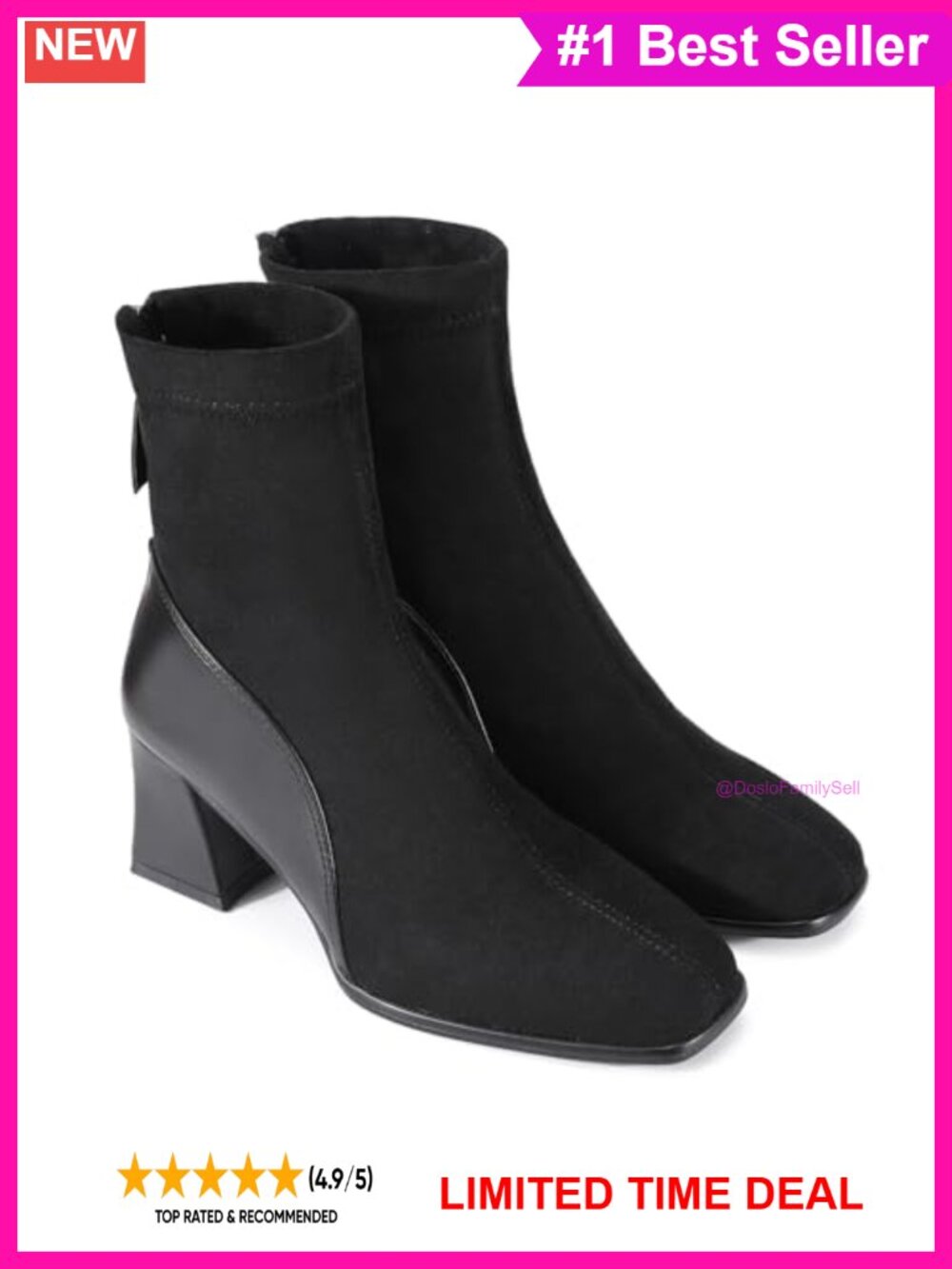 Square Toe Ankle Boots Block Heel Chelsea Mid Calf Booties Faux Suede